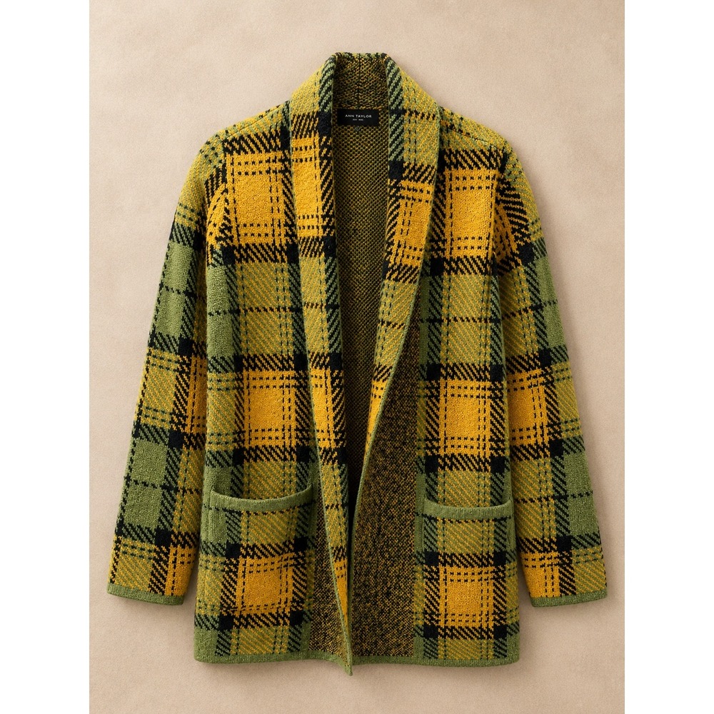 Ann Taylor Women Cardigan XS Yellow Green Plaid Open Front Pocket Sweater FA21